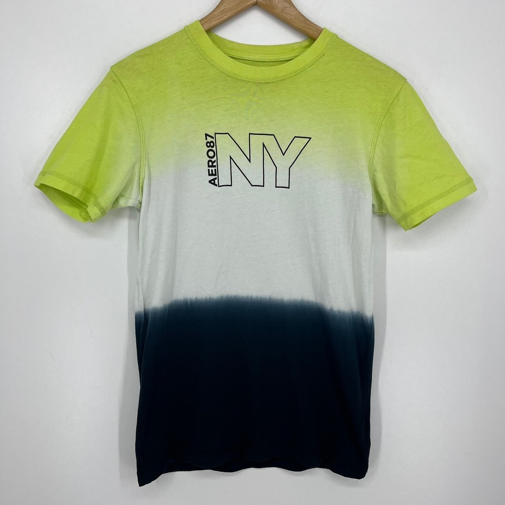 Aeropostale Mens XS Ombre Dip Dye Graphic T-Shirt Lime Green Navy Blue AERO87 NY